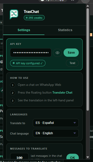 Ajustes de la extensión TrasChat: API key, idiomas y mensajes a traducir